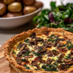 A freshly baked mushroom spinach quiche with a golden crust