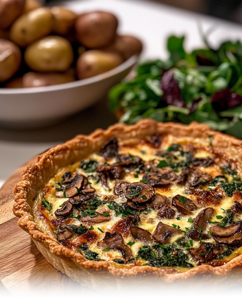 A freshly baked mushroom spinach quiche with a golden crust