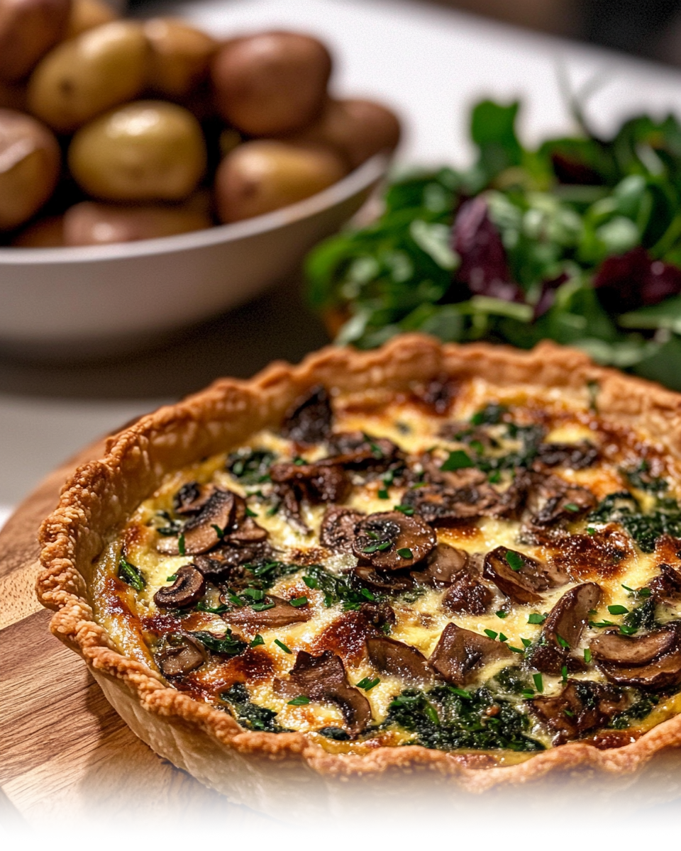 A freshly baked mushroom spinach quiche with a golden crust