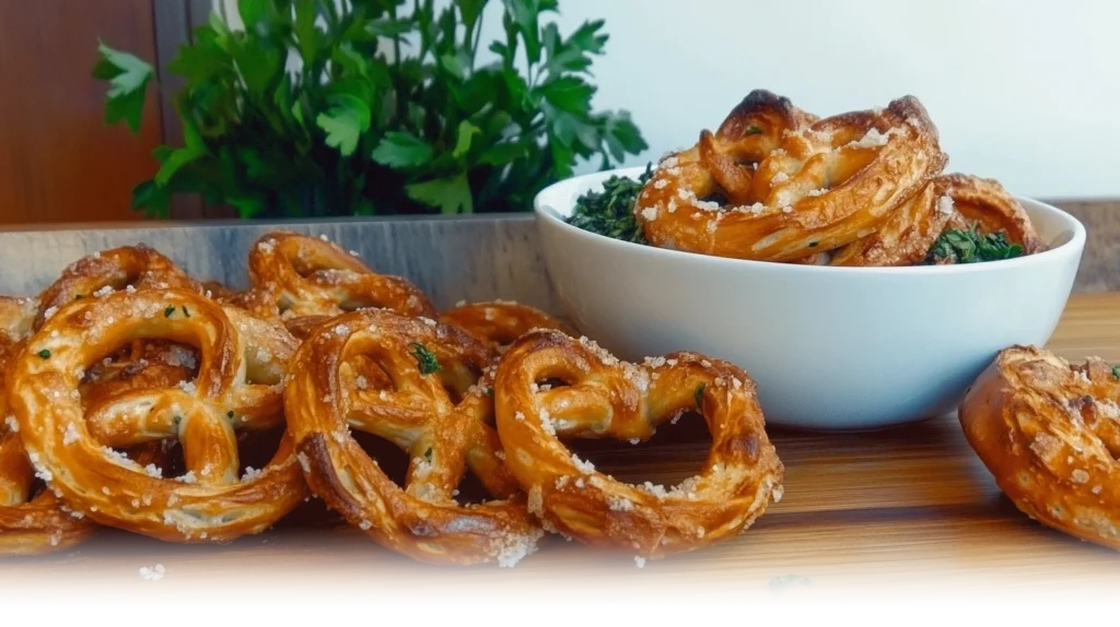 Close-up of garlic ranch pretzels in a bowl