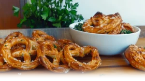 Close-up of garlic ranch pretzels in a bowl