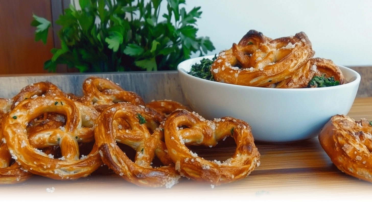 Close-up of garlic ranch pretzels in a bowl