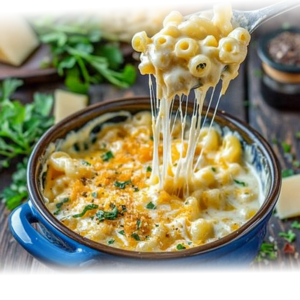 A bowl of creamy double cheddar mac & cheese topped with fresh parsley