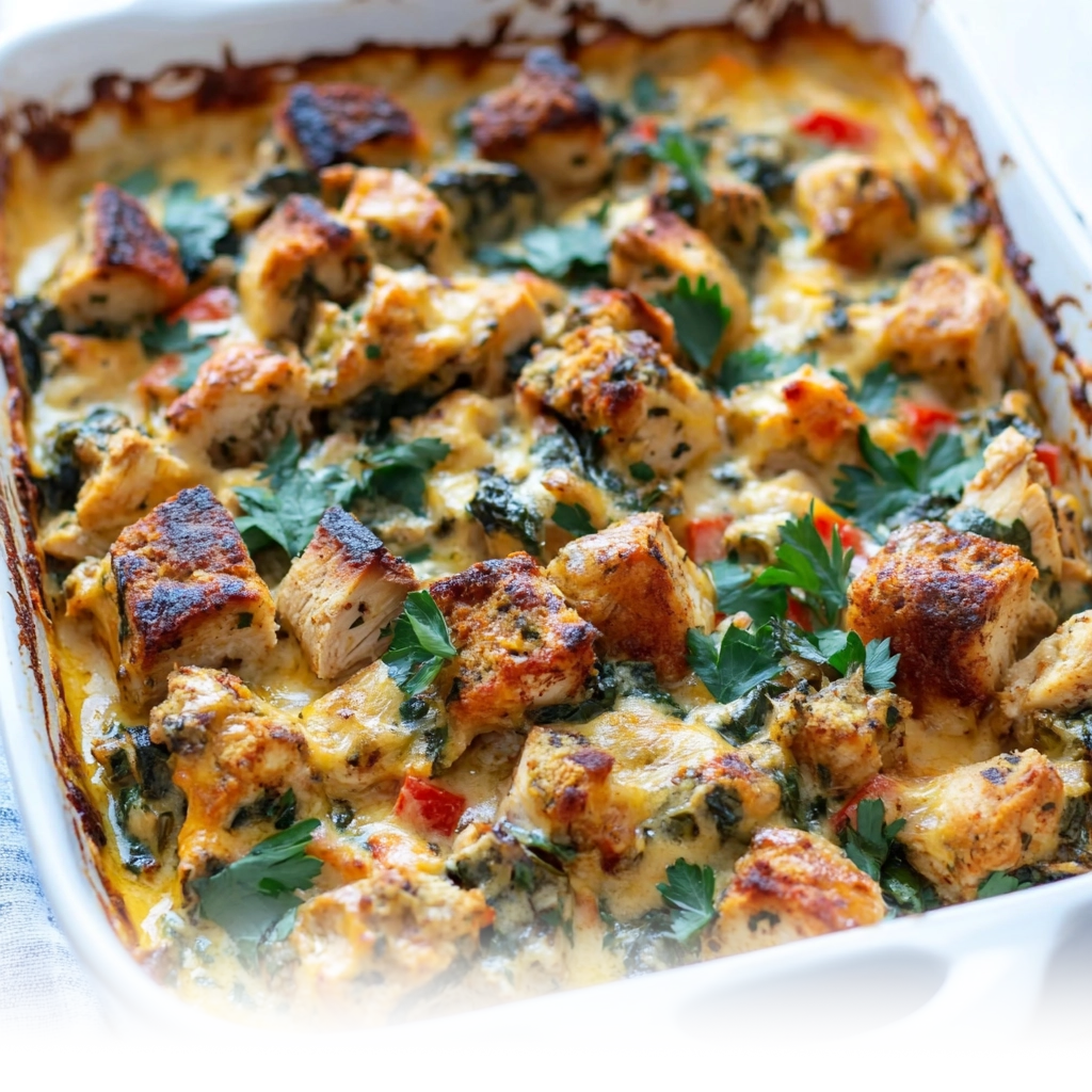 A serving of rotisserie chicken casserole with stuffing on a white plate, garnished with parsley.