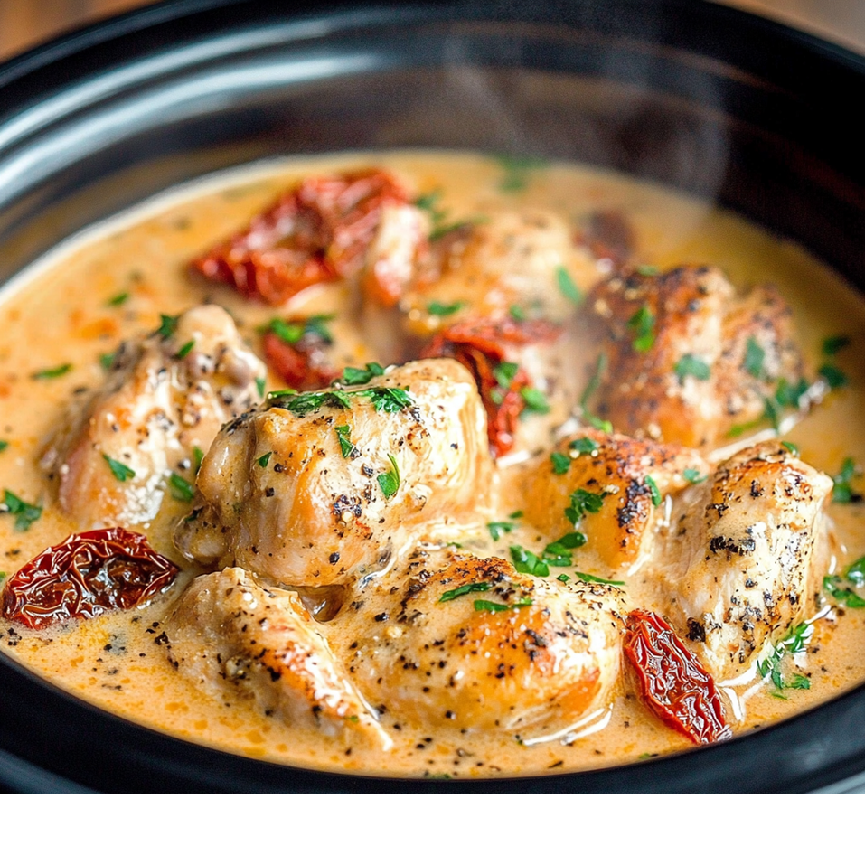 A close-up of Crockpot Marry Me Chicken cooking in a slow cooker, showcasing the creamy sauce and tender chicken.