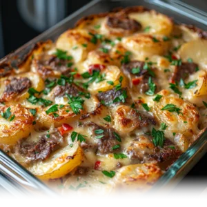 Freshly baked Cheesesteak Potato Casserole served in a casserole dish with melted cheese and garnished with parsley