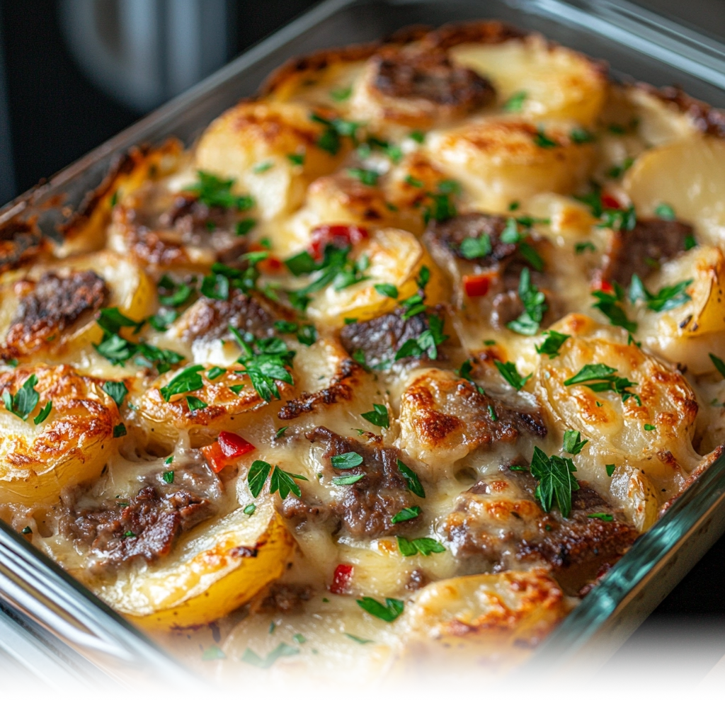 Freshly baked Cheesesteak Potato Casserole served in a casserole dish with melted cheese and garnished with parsley