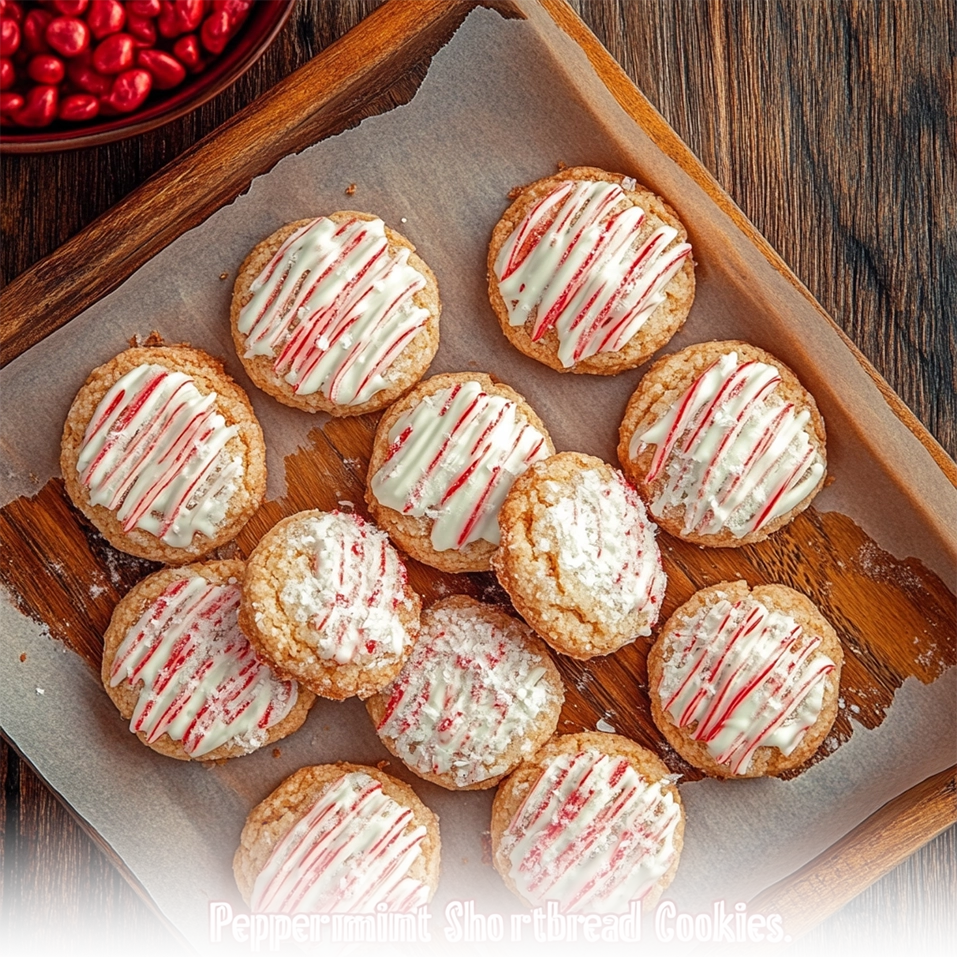 A plate of peppermint shortbread cookies, drizzled with white chocolate and garnished with crushed candy canes