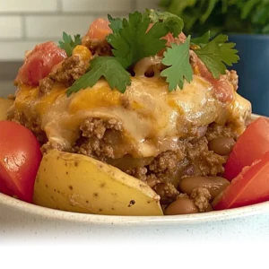 Delicious Slow Cooker Cowboy Casserole with ground beef, potatoes, and melted cheese