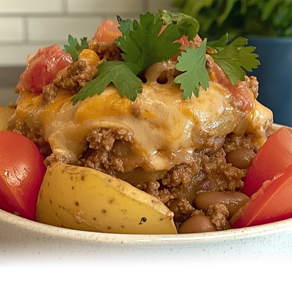 Delicious Slow Cooker Cowboy Casserole with ground beef, potatoes, and melted cheese