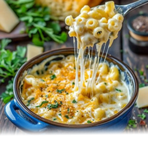 A bowl of creamy double cheddar mac & cheese topped with fresh parsley