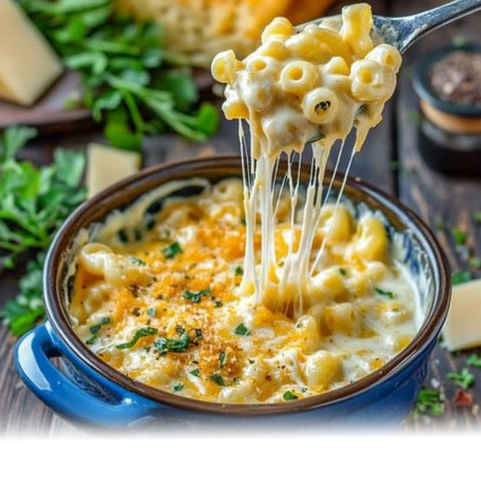 A bowl of creamy double cheddar mac & cheese topped with fresh parsley