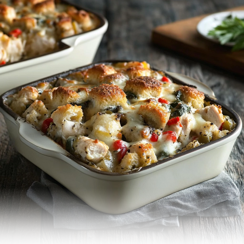 A baked rotisserie chicken casserole topped with golden stuffing in a glass dish.