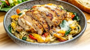 Spicy Chicken Chipotle Pasta in a deep bowl, garnished with Parmesan and served alongside garlic bread and salad.