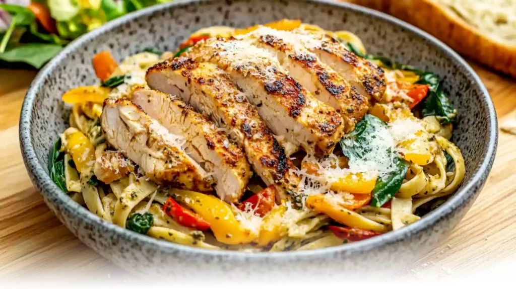 Spicy Chicken Chipotle Pasta in a deep bowl, garnished with Parmesan and served alongside garlic bread and salad.