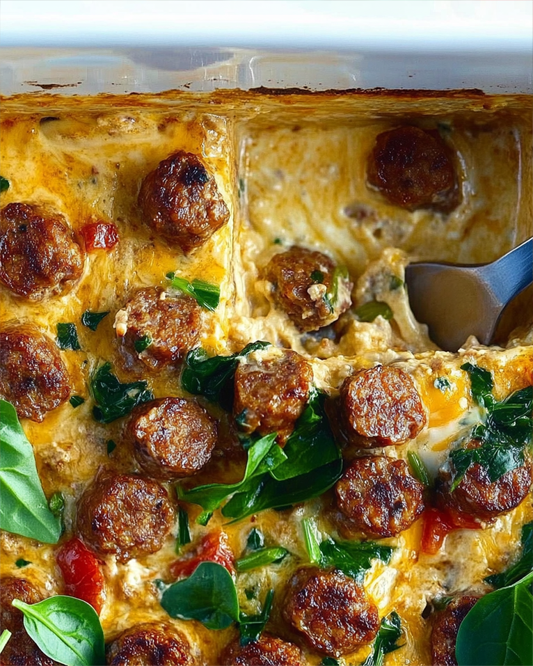 Golden-brown sausage and cream cheese casserole served on a wooden table