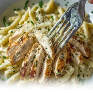 A creamy bowl of Garlic Parmesan Chicken Pasta topped with sliced chicken, fresh parsley, and Parmesan cheese.