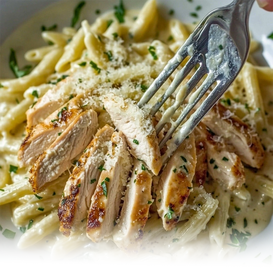 A creamy bowl of Garlic Parmesan Chicken Pasta topped with sliced chicken, fresh parsley, and Parmesan cheese.