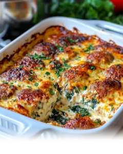 Golden-brown sausage and cream cheese casserole served on a wooden table