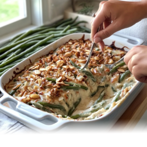 Green Bean Casserole No Mushrooms topped with crispy almonds being served from a white baking dish.