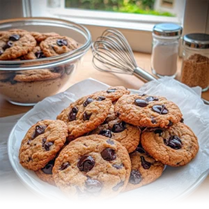 Freshly baked small batch chocolate chip cookies cooling on a wire rack