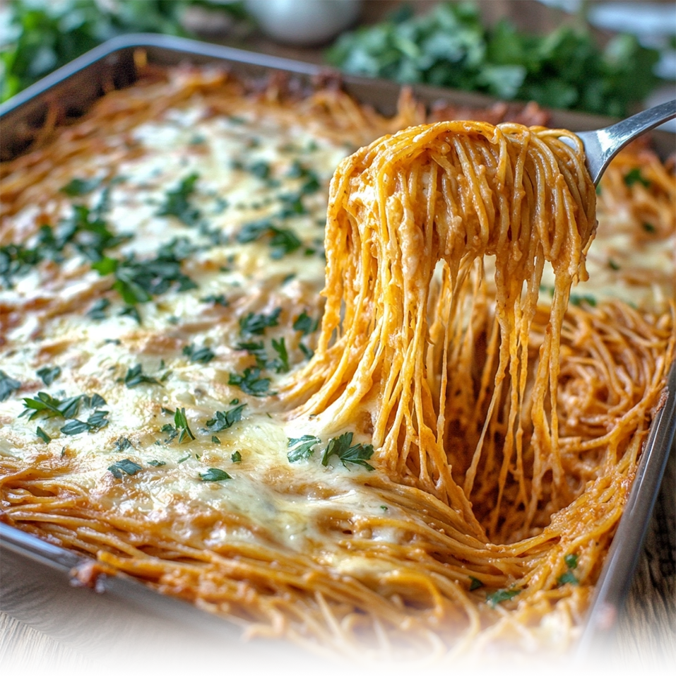 Freshly baked Chicken Spaghetti with Rotel topped with melted cheese