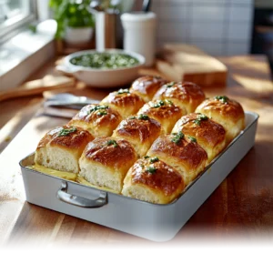 Freshly baked Parker House Dinner Rolls on a wooden tray with a golden crust