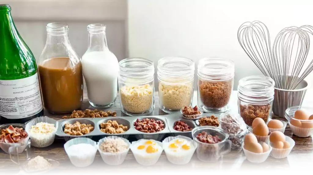 An assortment of ingredients for egg bites, including eggs, milk, cheese, diced vegetables, bacon, and seasonings, arranged neatly on a wooden countertop. Egg Bites in the Oven