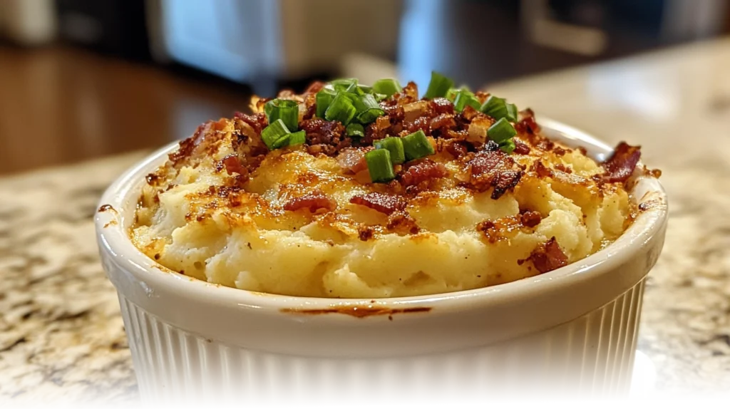 Twice-Baked Mashed Potatoes garnished with fresh chives and bacon, served in a white baking dish.