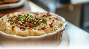 Twice-Baked Mashed Potatoes topped with bacon and chives in a white ramekin.