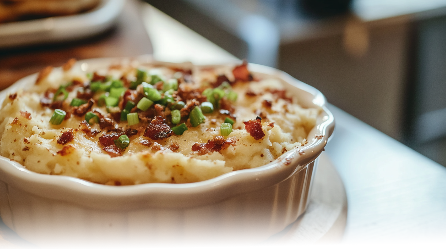 Twice-Baked Mashed Potatoes topped with bacon and chives in a white ramekin.