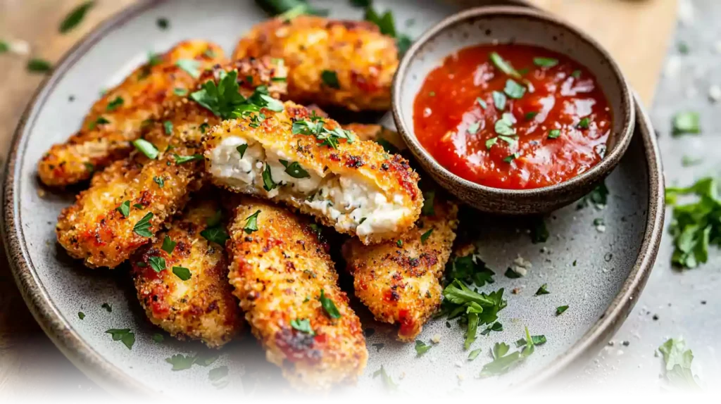 Golden, crispy gluten-free mozzarella sticks served with marinara dipping sauce.