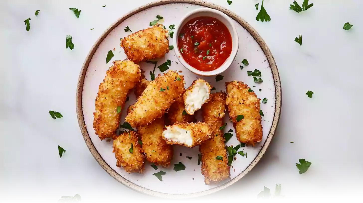 Plate of gluten-free mozzarella sticks with melted cheese and dipping sauce.