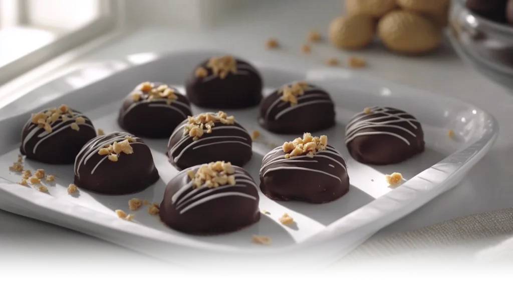 A plate of Peanut Butter Chocolate Balls coated in chocolate and garnished with sprinkles