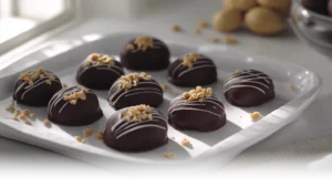 A plate of Peanut Butter Chocolate Balls coated in chocolate and garnished with sprinkles