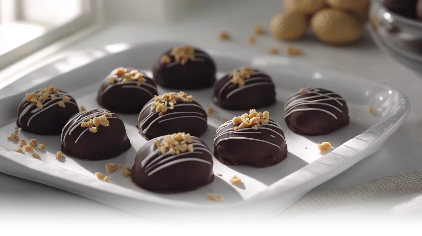 A plate of Peanut Butter Chocolate Balls coated in chocolate and garnished with sprinkles