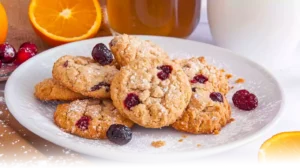 A plate of golden-brown orange and cranberry shortbread cookies dusted with powdered sugar, accompanied by fresh orange slices and a mug of tea.