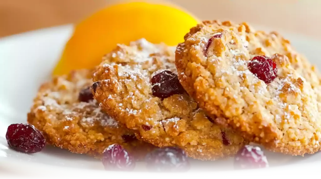 A close-up of orange and cranberry shortbread cookies with a crisp texture and vibrant dried cranberries.