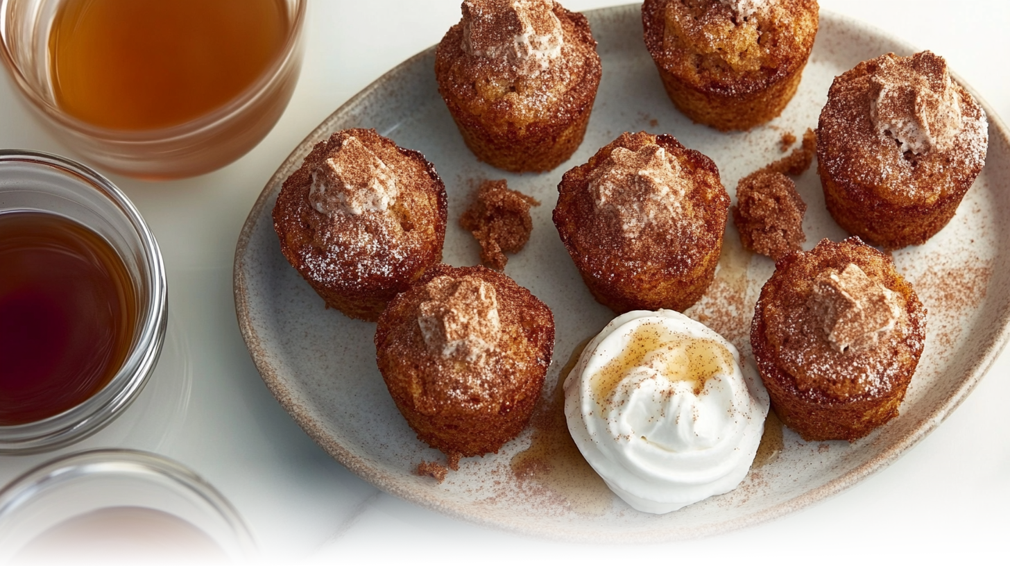 Golden cinnamon sugar French toast muffins served with whipped cream and maple syrup