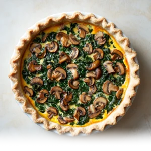 A freshly baked mushroom spinach quiche with a golden, flaky crust