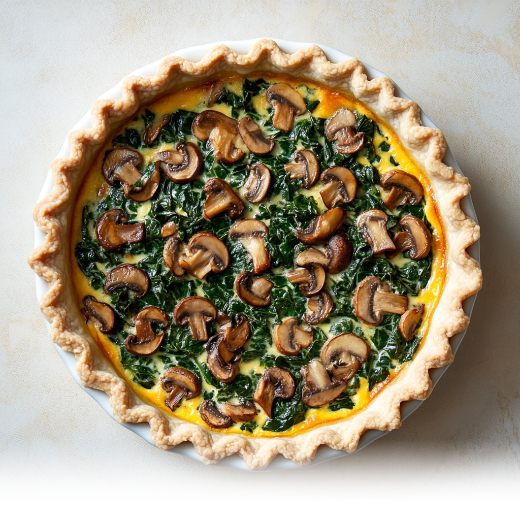 A freshly baked mushroom spinach quiche with a golden, flaky crust