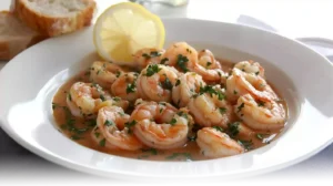 A plate of garlic butter shrimp garnished with parsley and served with crusty bread and a lemon wedge.