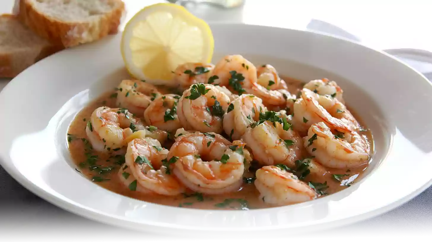 A plate of garlic butter shrimp garnished with parsley and served with crusty bread and a lemon wedge.