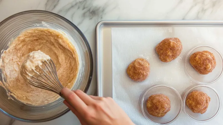 A baker folding spiced apple chunks into fritter batter in a modern kitchen.