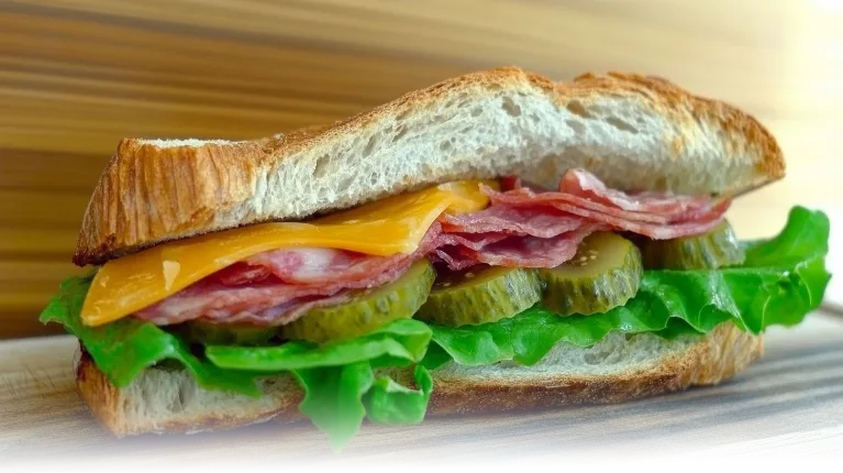 What are good sandwich toppings with lettuce, tomatoes, deli meats, cheddar cheese, and avocado, displayed in a bright, modern kitchen.