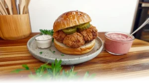 A golden fried chicken sandwich with pickles and spicy mayo on a toasted bun, served on a modern plate in a bright kitchen.