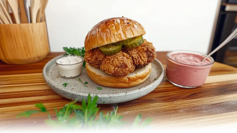 A golden fried chicken sandwich with pickles and spicy mayo on a toasted bun, served on a modern plate in a bright kitchen.