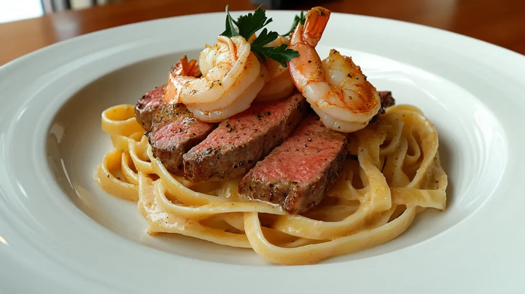 A plate of Cajun Surf and Turf Alfredo with creamy fettuccine, tender steak, shrimp, and parsley garnish in a modern kitchen.