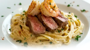 A plate of Cajun Surf and Turf Alfredo with creamy fettuccine, tender steak, shrimp, and parsley garnish in a modern kitchen.