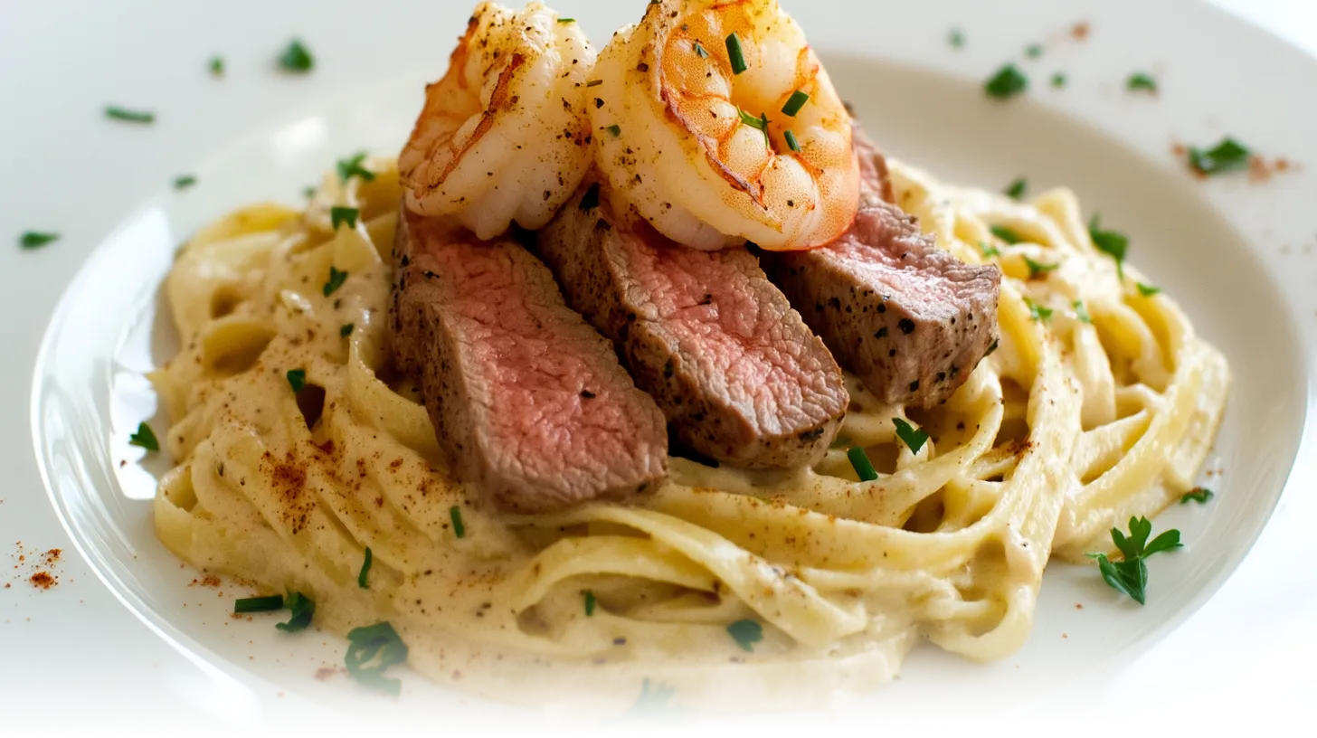 A plate of Cajun Surf and Turf Alfredo with creamy fettuccine, tender steak, shrimp, and parsley garnish in a modern kitchen.